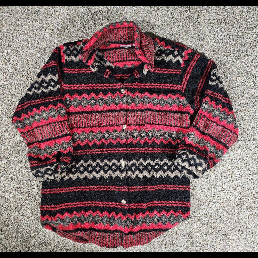 northwest blue sherpa button up RED flannel Large
